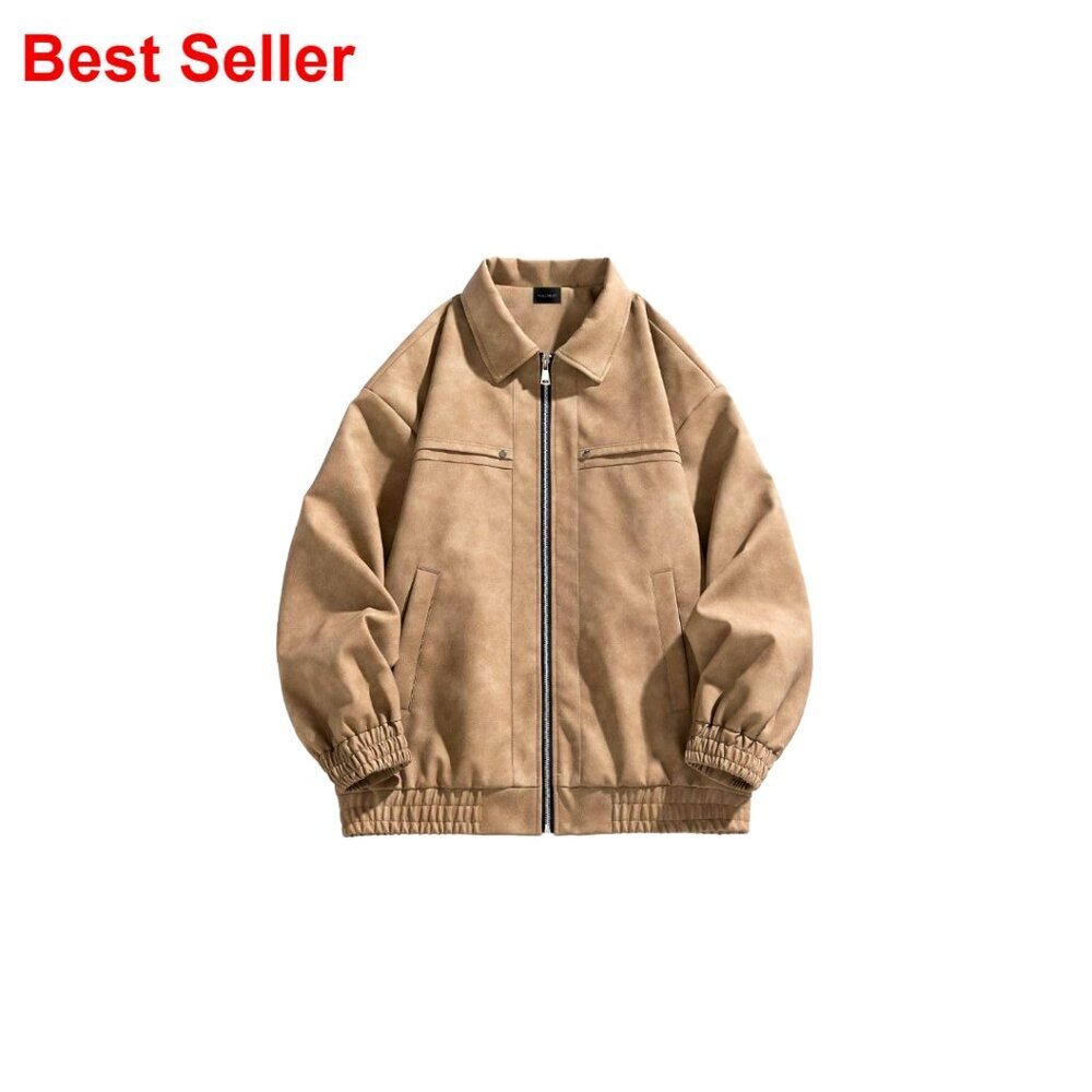 Suede Bomber Jacket Oversized Retro Streetwear Zip Up Faux Leather Coat